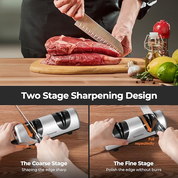 Electric Knife Sharpener, Professional Kitchen Knife Sharpener for Home Use, 2 Stages of Coarse Sharpening & Fine Polishing, Metal Dust Collection Box for Easy Cleaning, Silver Gray - Image 4