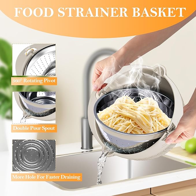 4-1 Colander with Bowl Set, Food Strainers and Colanders, Fruit Washing Bowl with Strainer, Rotatable Colander for Kitchen, Aesthetic Kitchen Gadget, Christmas & New Year Gifts - Beige - Image 4