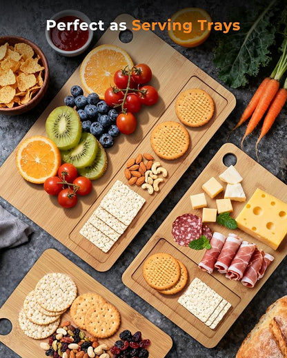 Bamboo Cutting Board for Kitchen, Knife-Friendly Wooden Cutting Boards Set 3-Piece with Juice Groove, Durable Chopping Boards for Meat, Vegetables, Fruits, Cheese(Natural)