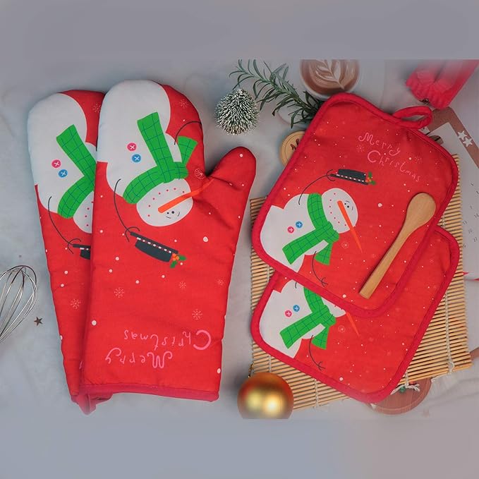 Oven Mitts and Potholders BBQ Gloves-Oven Mitts and Pot Holders with Recycled Infill Silicone Non-Slip Cooking Gloves for Cooking Baking Grilling (4-Piece Set) (Red Christmas Snow) - Image 6