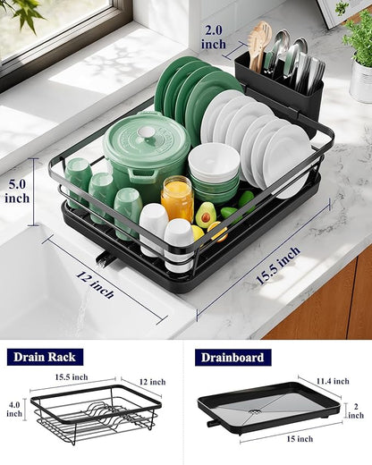 Kitsure Dish Drying Rack for Kitchen Counter, Stainless Steel Sink Organization and Storage Essentials with Cutlery Holder, Home and Appartment Decor, 12''W x 15.5''L, Black - Image 5