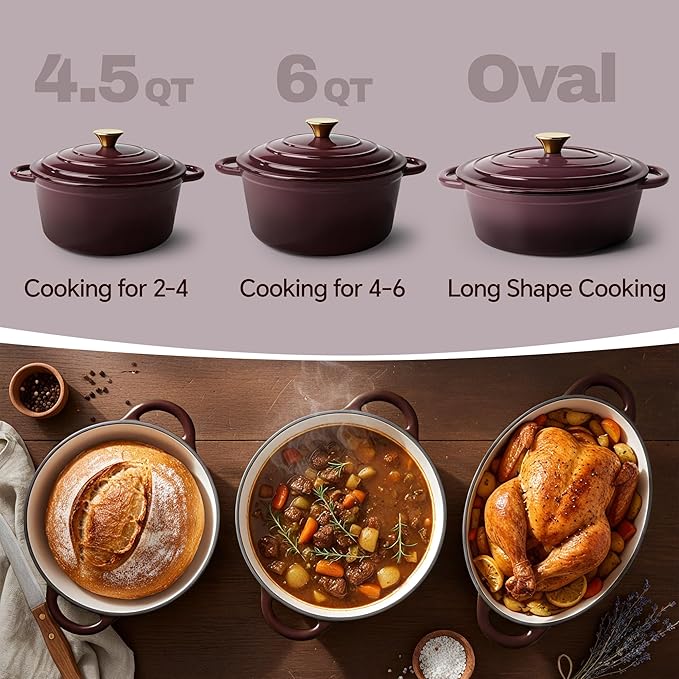 6 Quart Dutch Oven Pot with Lid, Non Stick Enameled Cast Iron Dutch Oven for Bread Baking, Heavy-Duty, Oven Safe Ceramic Cookware Up to 500°F for Baking, Braising, Stews, Roasting, Fig - Image 3