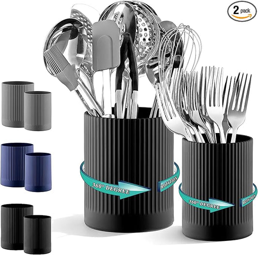 Kyraton Cooking Utensils Holder 2pcs, 360° Rotating Heavy Duty Plastic Kitchen Utensil Holder for Countertop, The Small Utensil Crock for Cutlery Silverware, Tooth Brush, Desk Pencil Pen by Kyraton