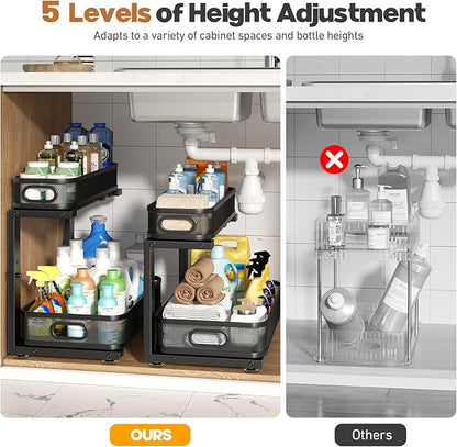 2 Pack 19.3IN-Depth Under Sink Organizer with Smooth Cylindrical Rail,2-Tier Pull Out Multi-Purpose Cabinet Storage for Bathroom&Kitchen,Height Adjustable,Rust-Resistant Coating-Black