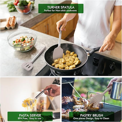 HOTEC 446°F Heat Resistant Silicone Kitchen Utensils, Cooking Utensil Set, Spatula Set, BPA Free, Kitchen Gadgets, With Stainless Steel Utensils Holder, Dishwasher Safe 14pcs Khaki - Image 3