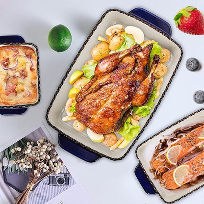 AVLA 3 Pack Ceramic Bakeware Set Porcelain Rectangular Baking Dish Lasagna Pans for Cooking Kitchen Casserole Dishes Cake Dinner 12 x 8.5 x 6 Inches of Baking Pans Banquet and Daily Use Cobalt Blue - Image 5