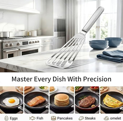 KSENDALO Thin Fish Spatula Stainless Steel -Flexible Slotted Egg Flipper with Angled Blade & Comfortable Hollow Grip, Metal Turner for Fish Egg Omelettes Pancakes, All Cookware, Dishwasher Safe