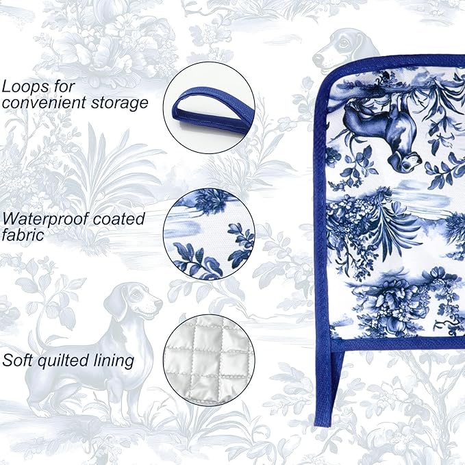FYSUIMU 4Pcs Chinoiserie Dachshund Oven Mitts and Pot Holders Set Heat Resistant Non-Slip Potholders Blue White Botanical Dog Kitchen Oven Gloves with Hot Pads for Cooking Baking