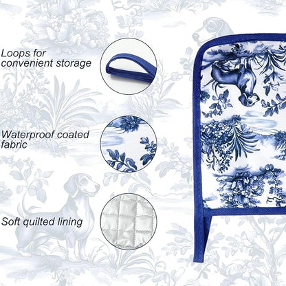FYSUIMU 4Pcs Chinoiserie Dachshund Oven Mitts and Pot Holders Set Heat Resistant Non-Slip Potholders Blue White Botanical Dog Kitchen Oven Gloves with Hot Pads for Cooking Baking