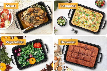 TeamFar Roasting Pan, 14” Nonstick Deep Lasagna Brownie Turkey Pan with V-Shaped Rack & Cooling Rack, with Stainless Steel Core & Nonstick Coating, Healthy & Heavy Duty, Easy to Clean, Set of 3