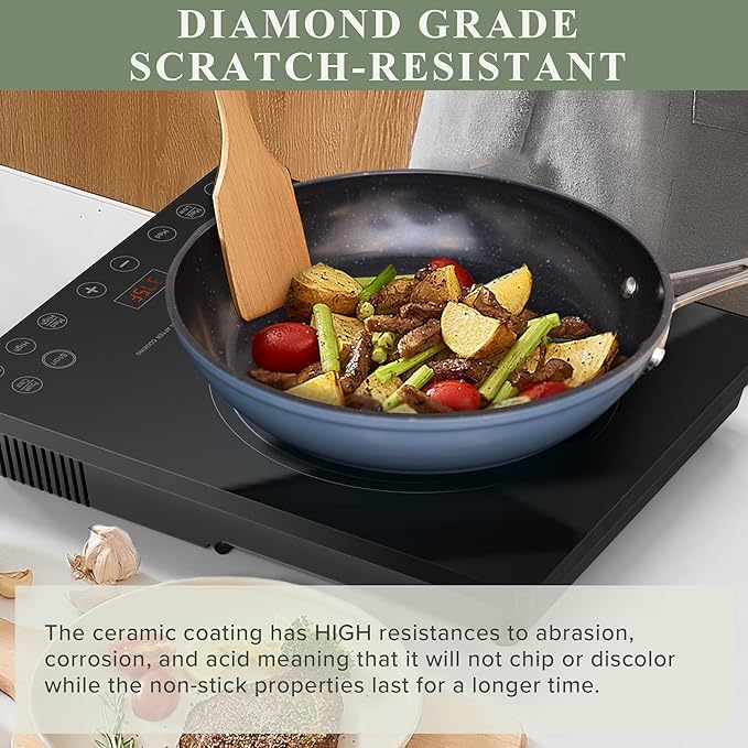 Nuwave Healthy Duralon Blue Ceramic Nonstick Cookware Set, Diamond Infused Scratch-Resistant, PFAS Free, Dishwasher & Oven Safe, Induction Ready & Evenly Heats, Tempered Glass Lids & Stay-Cool Handles - Image 4