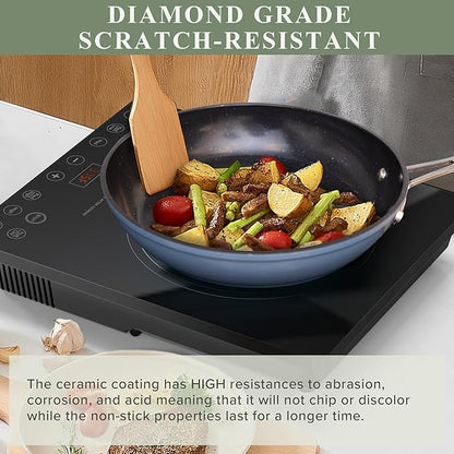 Nuwave Healthy Duralon Blue Ceramic Nonstick Cookware Set, Diamond Infused Scratch-Resistant, PFAS Free, Dishwasher & Oven Safe, Induction Ready & Evenly Heats, Tempered Glass Lids & Stay-Cool Handles - Image 4