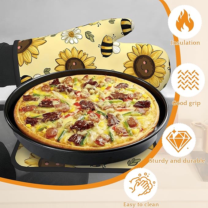 Sunflower Bee Oven Mitts and Pot Holders Set,Daisy Kitchen Oven Gloves and Pot Holder with Heat Resistant Non Slip for Cooking Baking Grilling(4 Piece Set)