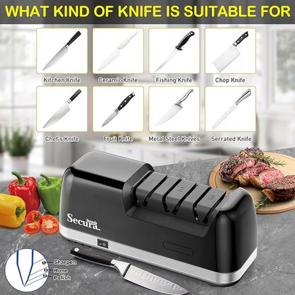 Secura 3-Stage Electric Knife Sharpener with Diamond Abrasives and Precision Angle Guides, Professional Sharpening Tool for Kitchen Straight Edge and Ceramic Knife, Black - Image 4