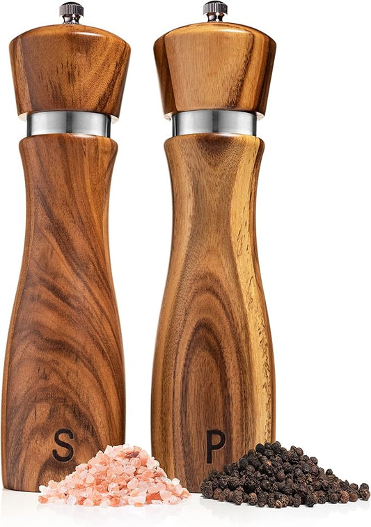 Gennua Kitchen Wooden Salt and Pepper Grinder Set: Refillable Salt & Pepper Mills Adjust for Customized Coarseness, Crafted of Solid Acacia Wood with Ceramic/Stainless Steel Core, 8 Inches Each by GennuaKitchen
