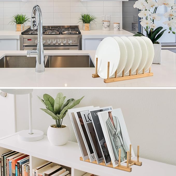 INNERNEED Bamboo Wooden Dish Rack, Vertical Plate & Lid Organizer for Kitchen Cabinet or Countertop, Drying Stand for Dishes, Cutting Boards - Image 8