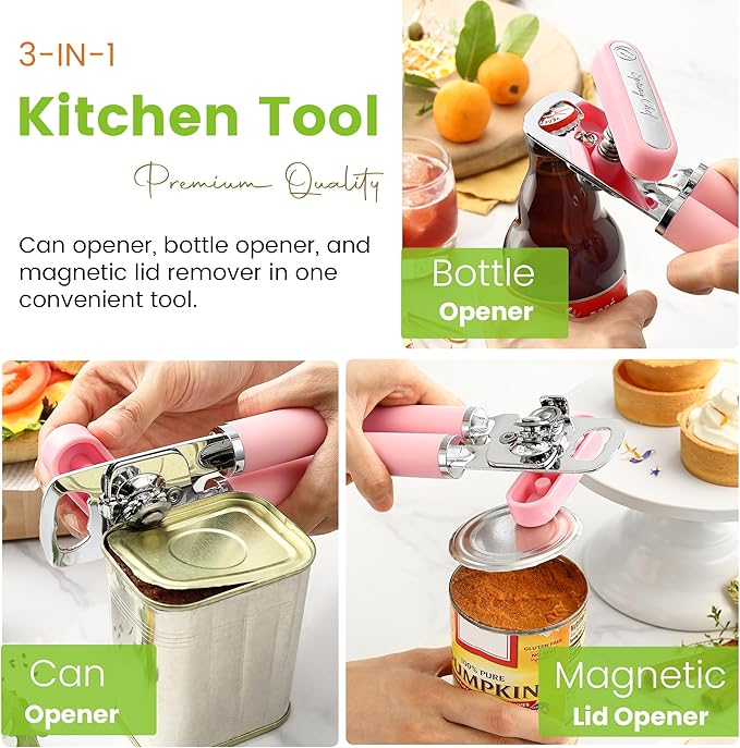 Spring Chef Stainless Steel Can Opener - Manual with Soft Grip Handles, Easy Turn, Heavy Duty Hand Can Openers for Seniors with Smooth Edge - Magnetic Lid Remover - Pink Lemonade - Image 4