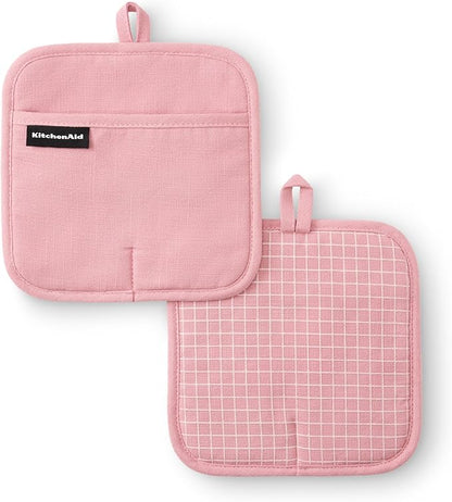 KITCHENAID Gourmet Series Gridlines Pot Holders 2-Pack Set, Heat Resistant up to 600°F, Soft Silicone Grip, Magnetic Cuff, Dried Rose, 8"x8" by KitchenAid