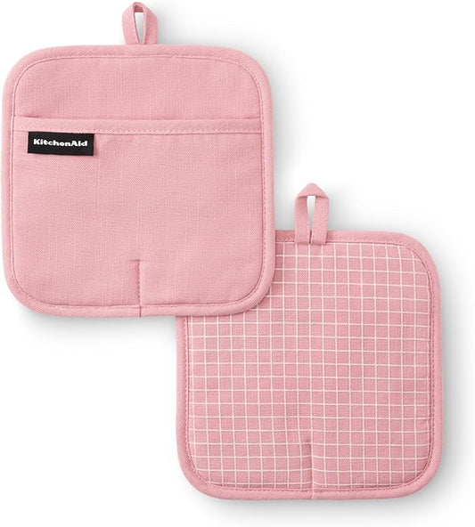 KITCHENAID Gourmet Series Gridlines Pot Holders 2-Pack Set, Heat Resistant up to 600°F, Soft Silicone Grip, Magnetic Cuff, Dried Rose, 8"x8" by KitchenAid