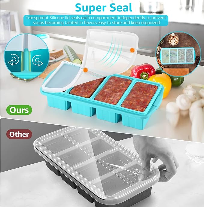 Ztomine Silicone Freezer Tray With Lid - Silicone Freezer Food Molds- Large Ice Cube Tray,4-Pack Silicone Freezer Container,Freeze & Store Soup, Sauce, Broth,Leftovers - Makes 4 Perfect 1 Cup - Image 5