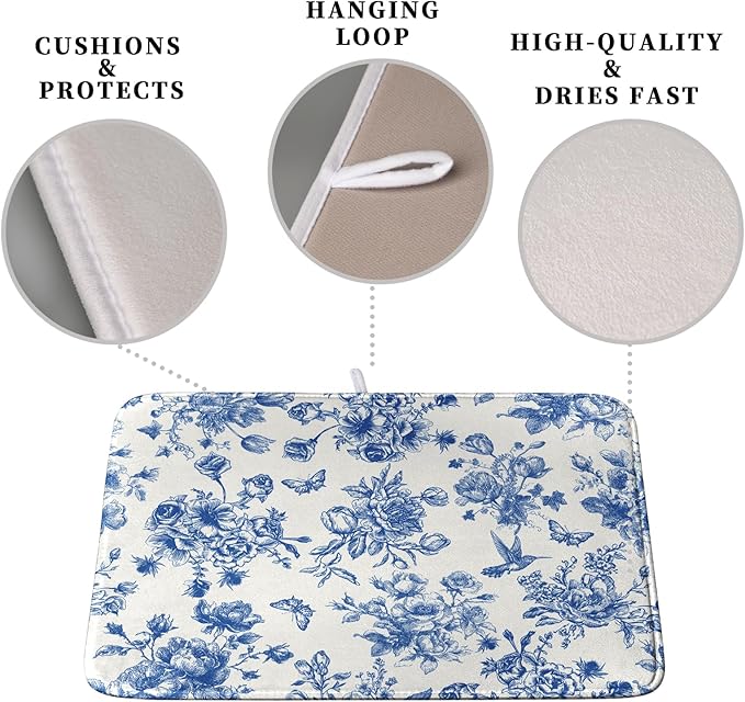 Dish Drying Mat for Kitchen Counter Blue and White Floral Drying Mats Chinoiserie Vintage Flowers Dish Drying Pad for Dishes Microfiber Absorbent Dish Drainer Rack Mat for Countertop 16x18 Inch - Image 3