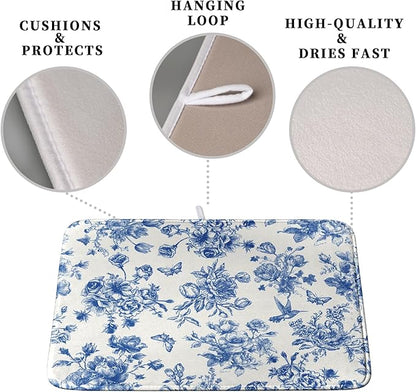 Dish Drying Mat for Kitchen Counter Blue and White Floral Drying Mats Chinoiserie Vintage Flowers Dish Drying Pad for Dishes Microfiber Absorbent Dish Drainer Rack Mat for Countertop 18x24 Inch - Image 3