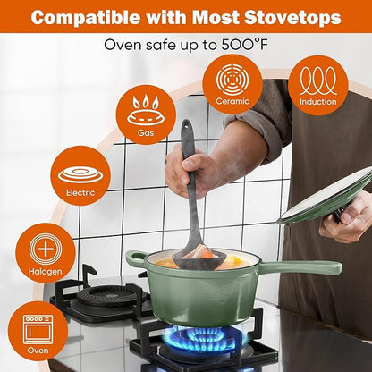 Homikit 2 Quart Saucepan with Lid, Enameled Cast Iron Small Sauce Pan Cooking Pot for Soup, Milk, Pasta, Nonstick Enamel Dutch Oven for All Cooktops, Heat Resistant Up to 500°F, Sage Green