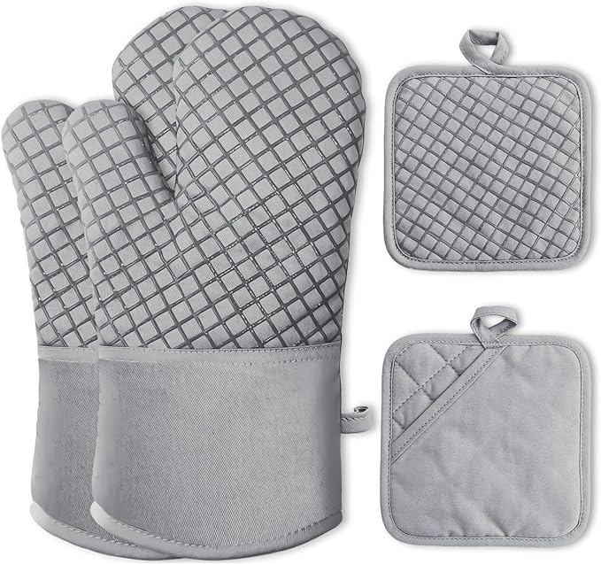 4 Pcs Oven Mitts and Pot Holders,High Heat Resistant 500 Degree Glove with Silicone Non-Slip Surface,Extra Thicken Long Kitchen Cotton Oven Glove for Baking,Cooking,Grilling(Light Gray) by -PlantWateringGlobes-