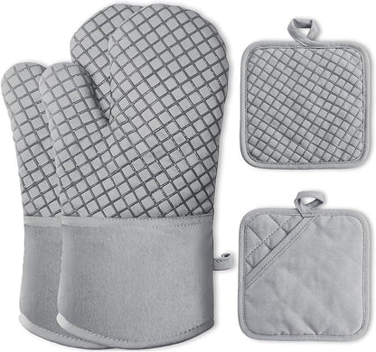 4 Pcs Oven Mitts and Pot Holders,High Heat Resistant 500 Degree Glove with Silicone Non-Slip Surface,Extra Thicken Long Kitchen Cotton Oven Glove for Baking,Cooking,Grilling(Light Gray) by -PlantWateringGlobes-