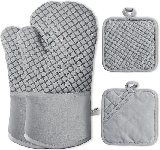 4 Pcs Oven Mitts and Pot Holders,High Heat Resistant 500 Degree Glove with Silicone Non-Slip Surface,Extra Thicken Long Kitchen Cotton Oven Glove for Baking,Cooking,Grilling(Light Gray) by -PlantWateringGlobes-