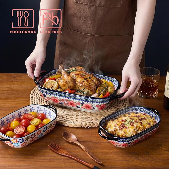 Ceramic Casserole Dishes for Oven, Hand-painted Polish Pottery Baking Dish Set of 2, 0.8QT / 2QT Porcelain Casserole Dishes with Handles, Baking Pan Lasagna Pan, Gift for Family/Friend (Red) - Image 3