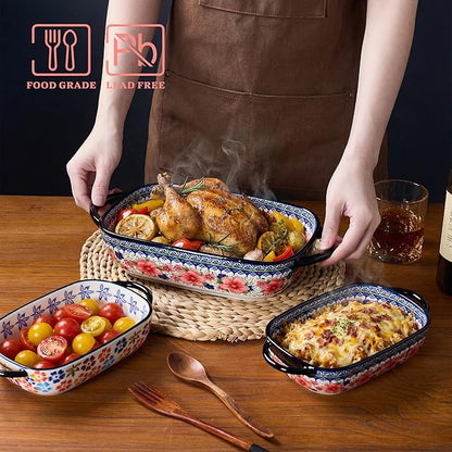 Ceramic Casserole Dishes for Oven, Hand-painted Polish Pottery Baking Dish Set of 2, 0.8QT / 2QT Porcelain Casserole Dishes with Handles, Baking Pan Lasagna Pan, Gift for Family/Friend (Red) - Image 3