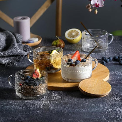 LANDNEOO 12pcs Set Irish Coffee Glasses, Vintage Coffee Mugs, Overnight Oats Containers with Bamboo Lids and Spoons - 14oz Clear Embossed Glass Cups, Cute Coffee Bar Accessories, Iced Coffee Glasses - Image 3