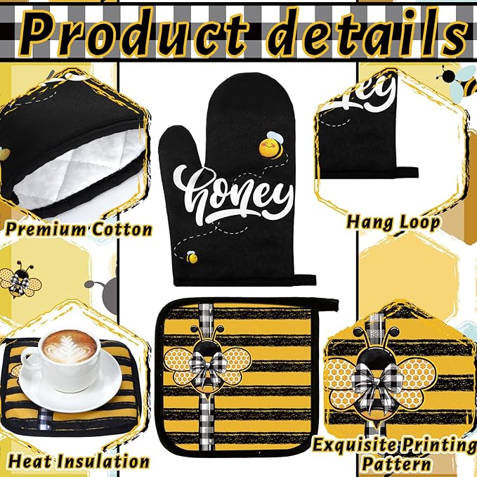 Leinuosen 6 Bee Kitchen Towels Kitchen Decor and Accessories Set Floral Plant Oven Mitts and Pot Holders Sets Farmhouse Absorbent Dish Towels for Cooking Baking Grilling - Image 5