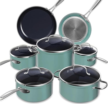 Nuwave Healthy Duralon Blue Ceramic Nonstick Cookware Set, Diamond Infused Scratch-Resistant, PFAS Free, Dishwasher & Oven Safe, Induction Ready & Evenly Heats, Tempered Glass Lids & Stay-Cool Handles by NuWave