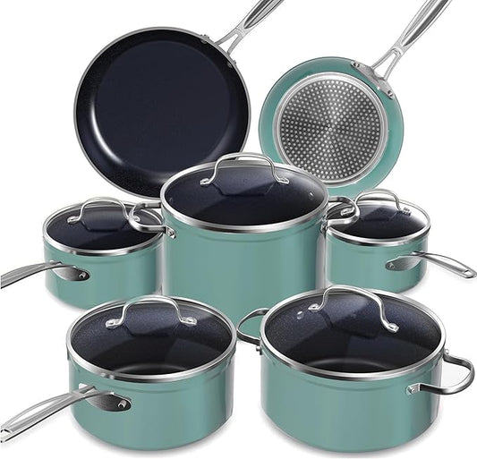 Nuwave Healthy Duralon Blue Ceramic Nonstick Cookware Set, Diamond Infused Scratch-Resistant, PFAS Free, Dishwasher & Oven Safe, Induction Ready & Evenly Heats, Tempered Glass Lids & Stay-Cool Handles by NuWave