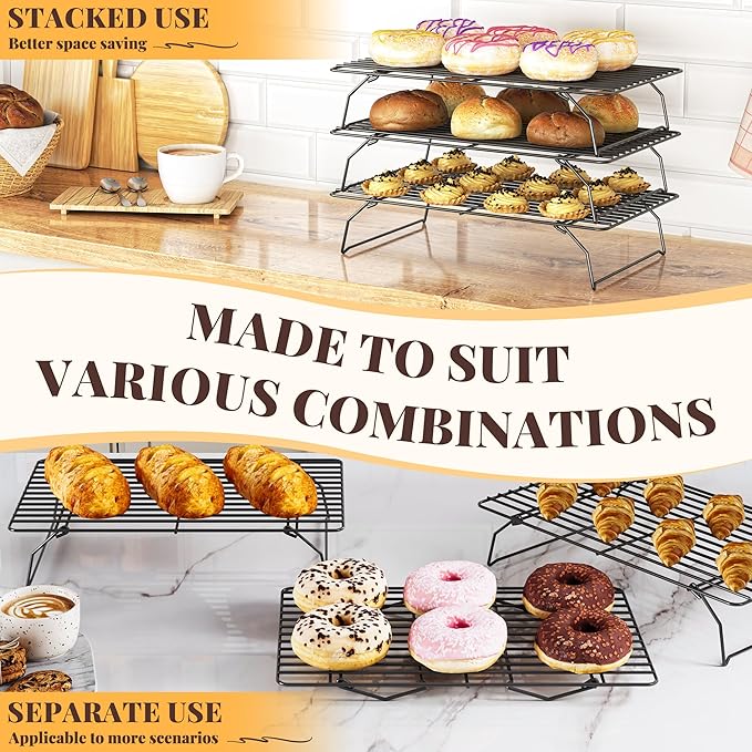 Cooling Racks for Cooking and Baking - 3 Tier Stackable Grid Wire Baking Rack for Oven Cooking, Baking, Grilling, Roasting - Dishwasher Safe Bacon Rack - Black - Image 7