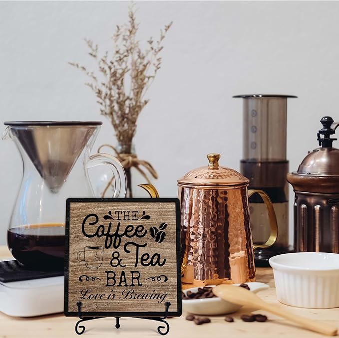 Coffee Bar Sign, Love is Brewing Farmhouse Tabletop Decor, Coffee and Tea Lover Gifts, 5x5 Wood Plaque with Iron Stand for Home Kitchen Cafe, Coffee Bar Decor – L02 - Image 7