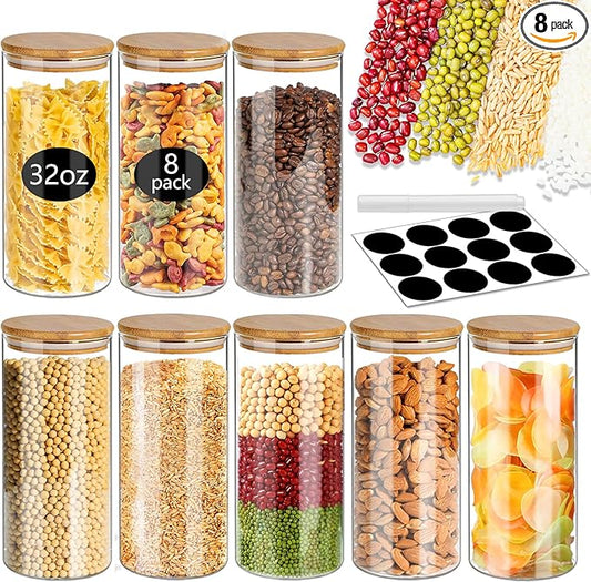 SLifeJars-32 oz Glass Jars with Bamboo Lids 8 pcs Glass Food Storage Containers with Airtight Bamboo Lids, Glass Canisters Stackable Kitchen Pantry bamboo lid for Coffee Beans, Rice, Sugar and More by LockinGoodnessSimplifyYou