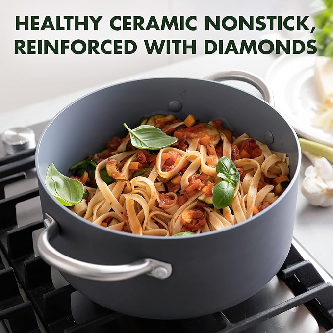 GreenPan Lima 5.2QT Nonstick Stock Pot with Glass Lid, Nontoxic PFAS-Free Ceramic Casserole, Hard Anodized Cookware, Oven & Broiler Safe, Stainless Steel Handles, Gray - Image 2