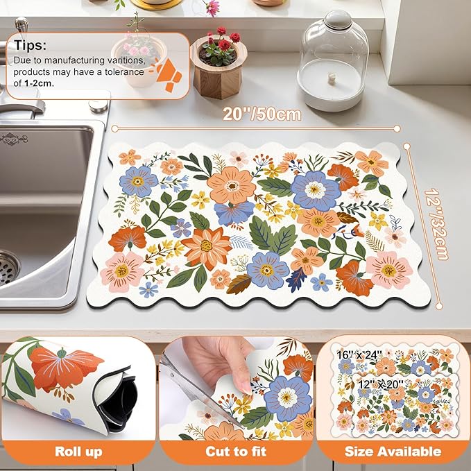 LOKHOM Scalloped Floral Dish Drying Mat, 12"x20" Super Absorbent Coffee Mat with Unique Spring Wildflowers, Cuttable Hide Stain Non-slip Drying Mat for Kitchen Counter Coffee Maker Espresso Machine - Image 2