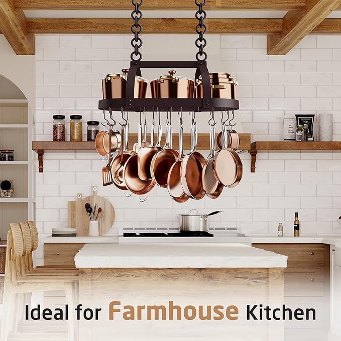 KES 34 Inch Oiled Bronze Hanging Pot Rack, Heavy Duty Oval Pot and Pan Hanging Rack Ceiling Mount, Pot Pan Hangers for Kitchen with 20 Hooks, (For 16" and 24" Joist Mount), KUR221S85-OB - Image 5