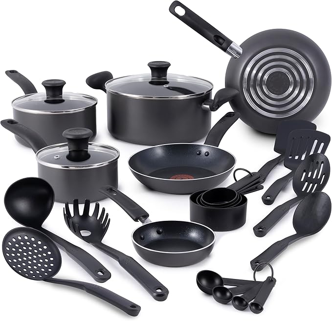 T-fal Initiatives Nonstick Cookware Set 18 Piece, Oven Broiler Safe 350F, Kitchen Cooking Set w/Fry Pans, Saucepans, Stockpots, Skillet, Spoons, Lids Pots and Pans Set, Dishwasher Safe, Stone Grey by T-falbrand