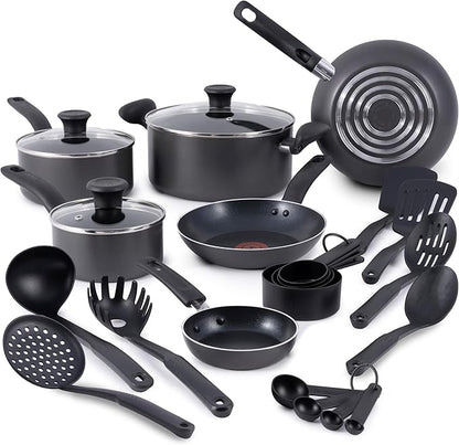 T-fal Initiatives Nonstick Cookware Set 18 Piece, Oven Broiler Safe 350F, Kitchen Cooking Set w/Fry Pans, Saucepans, Stockpots, Skillet, Spoons, Lids Pots and Pans Set, Dishwasher Safe, Stone Grey by T-falbrand