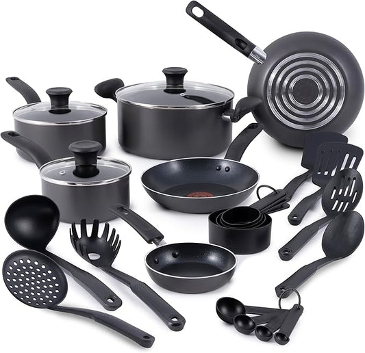 T-fal Initiatives Nonstick Cookware Set 18 Piece, Oven Broiler Safe 350F, Kitchen Cooking Set w/Fry Pans, Saucepans, Stockpots, Skillet, Spoons, Lids Pots and Pans Set, Dishwasher Safe, Stone Grey by T-falbrand