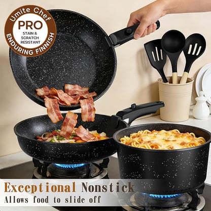 Umite Chef 21Pcs Pots and Pans Set Non Stick, Nonstick Cookware Sets Detachable Handle, Non Toxic Induction RV Kitchen Cooking Set, Dishwasher/Oven Safe, Fridge Safe, Space Saving(Black)