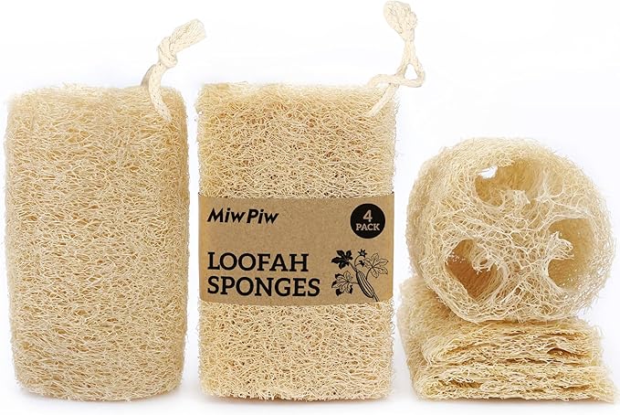 Natural Loofah Sponge (Pack 4) - Exfoliating Body for Bath or Dish Scrubber for Kitchen - 100% Biodegradable Compostable Zero Waste Dishwashing Scouring Pad by MiwPiw