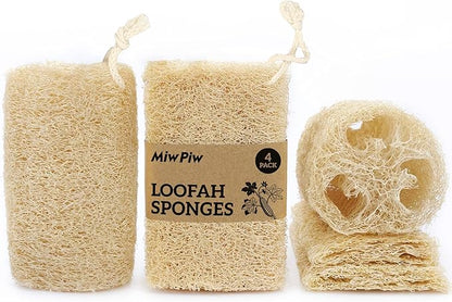 Natural Loofah Sponge (Pack 4) - Exfoliating Body for Bath or Dish Scrubber for Kitchen - 100% Biodegradable Compostable Zero Waste Dishwashing Scouring Pad by MiwPiw