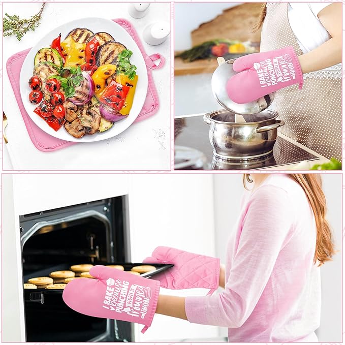 GROBRO7 6Pcs Cotton Oven Mitts Pot Holders Funny Women Resistant Hot Pads Machine Washable Microwave Gloves with Hanging Loop Pocket Potholder for Kitchen Baking Cooking GrillingPink - Image 6
