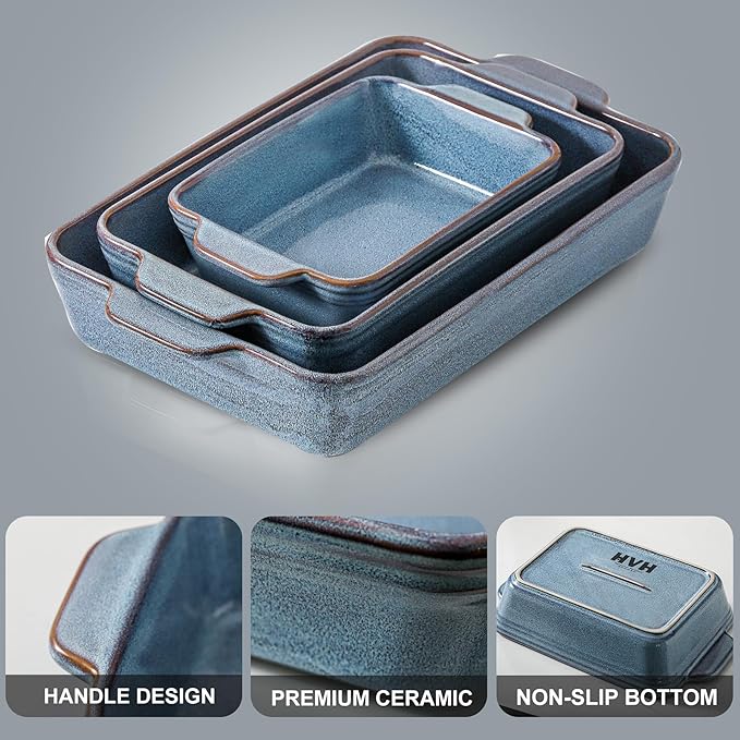 HVH 9x13 Baking Dish Set, Large Casserole Dishes for Oven, Ceramic Bakeware Set of 3, Rectangular Lasagne Pan Deep for Baking (Wabi sabi) - Image 6